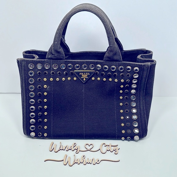 Authentic PRADA Canapa Bijoux Denim Tote/Crossbody- Black - Picture 1 of 17